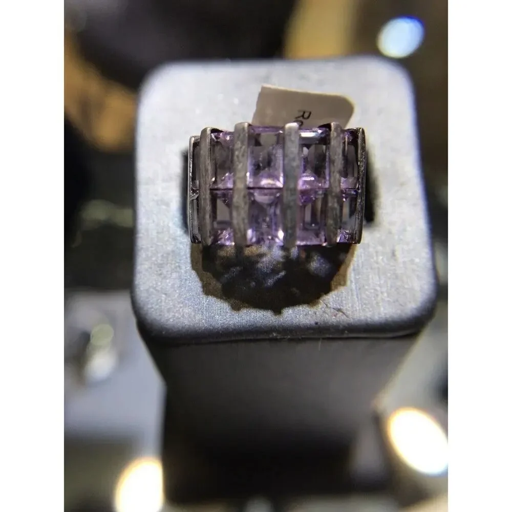 Amethyst Ring Sz7 10 Channel Set Stones Silver 925 (All Stones Simulated)